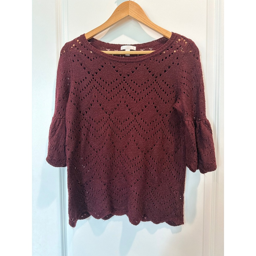 LC Lauren Conrad Burgundy Pointelle Knit Bell Sleeve Sweater Small Scallop Hem